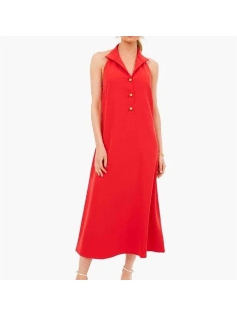 Tuckernuck Poppy Red Jagger Dress Size Xs Halter Neck Midi With Gold Buttons Nwt